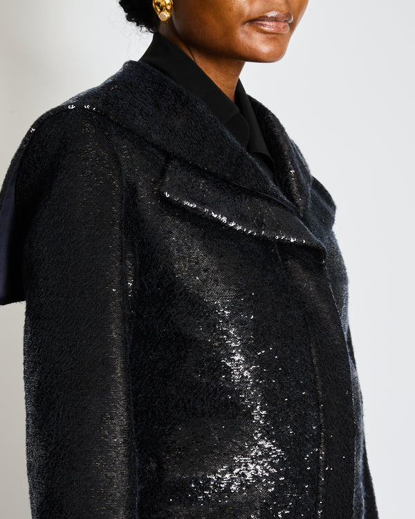 Chanel A18 Black Sequin Maxi Pea Coat with Logo Detail Ruthenium Buttons Size FR 34 (UK 6)