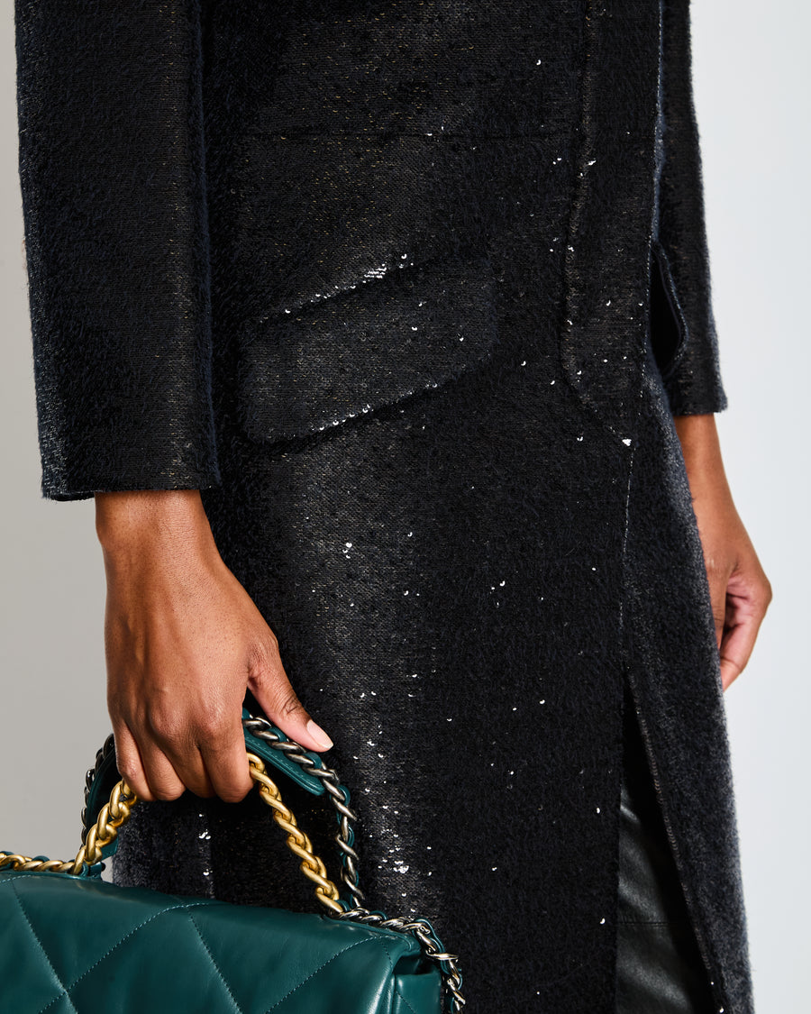 Chanel A18 Black Sequin Maxi Pea Coat with Logo Detail Ruthenium Buttons Size FR 34 (UK 6)
