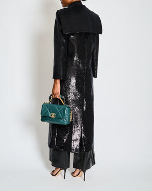 Chanel A18 Black Sequin Maxi Pea Coat with Logo Detail Ruthenium Buttons Size FR 34 (UK 6)