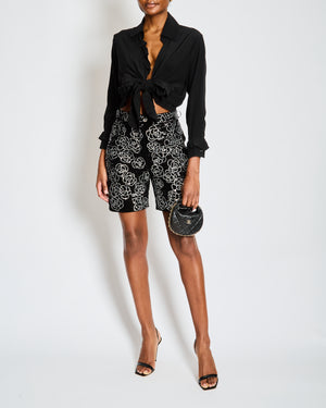Chanel Black and Silver Sequin Camellia Embellished Velvet Shorts with Camellia Button Detail Size FR 38 (UK 10)
