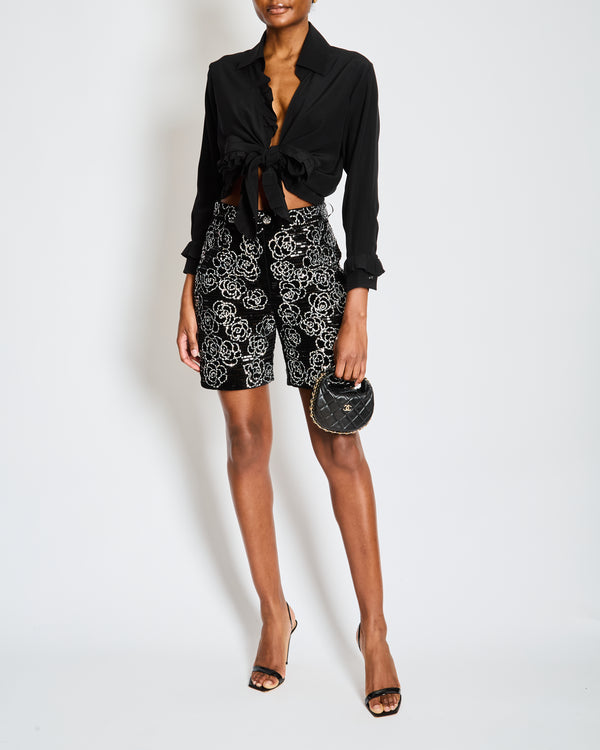 Chanel Black and Silver Sequin Camellia Embellished Velvet Shorts with Camellia Button Detail Size FR 38 (UK 10)
