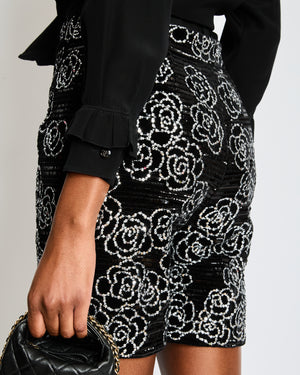 Chanel Black and Silver Sequin Camellia Embellished Velvet Shorts with Camellia Button Detail Size FR 38 (UK 10)