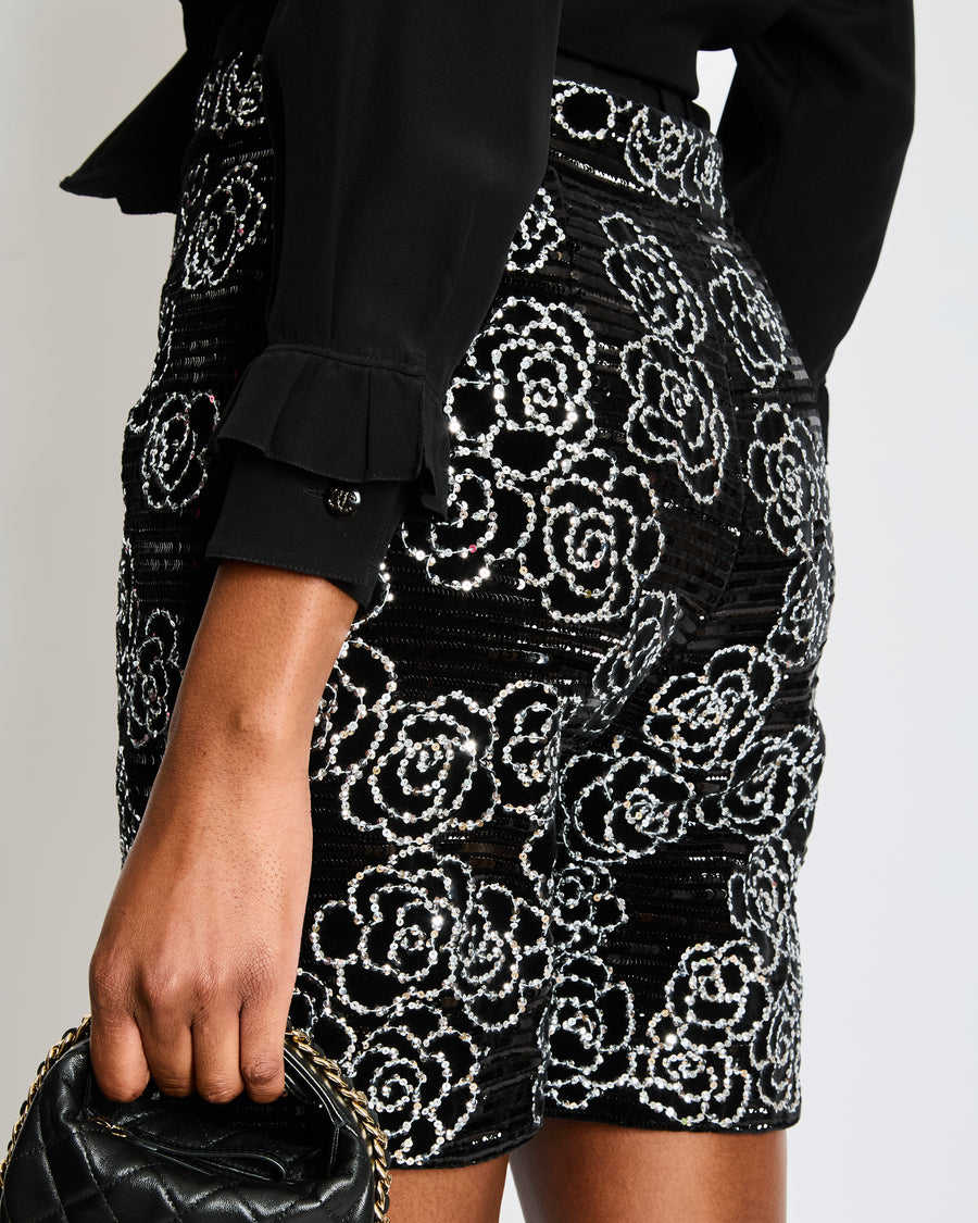 Chanel Black and Silver Sequin Camellia Embellished Velvet Shorts with Camellia Button Detail Size FR 38 (UK 10)