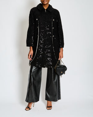 Chanel Black Tweed and Sequin Knee Length Jacket with Collar and Camellia Detail Buttons and Cream Silk Panels Size FR 36 (UK 8)