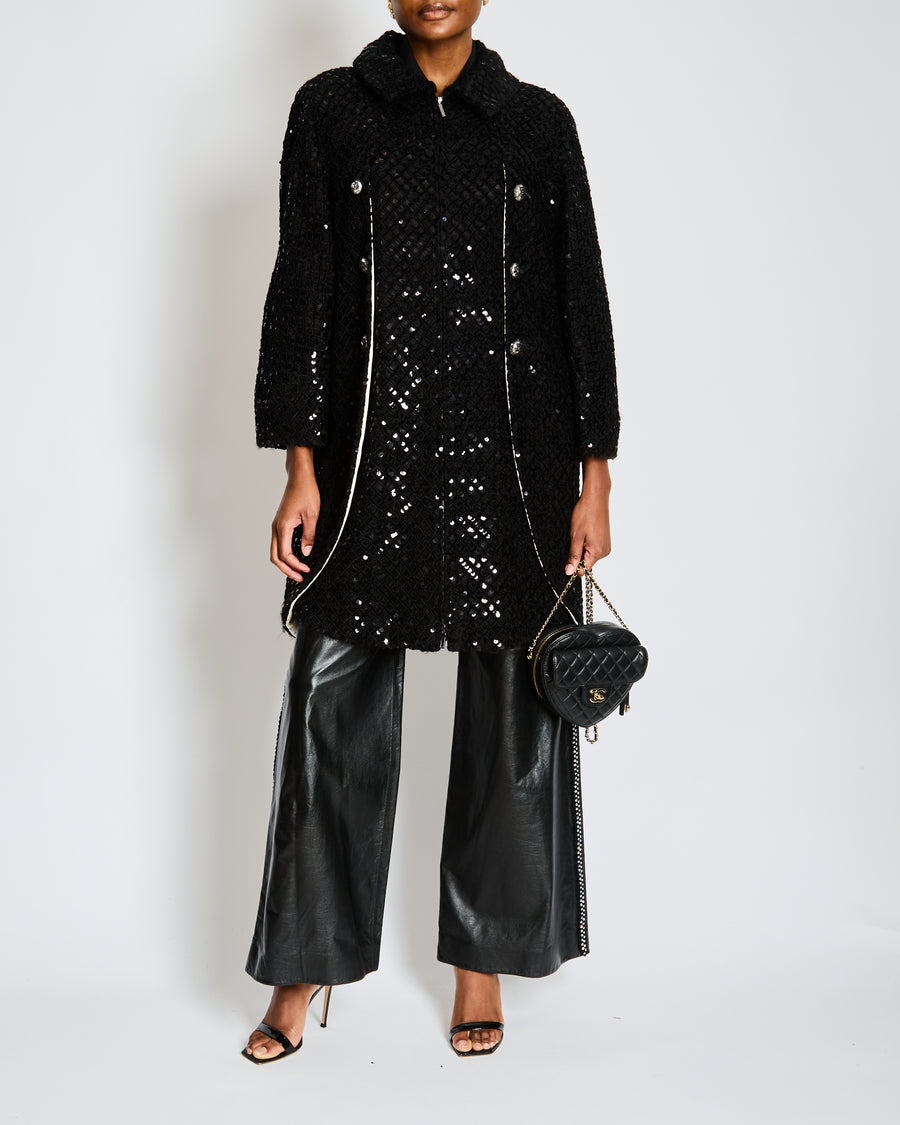 Chanel Black Tweed and Sequin Knee Length Jacket with Collar and Camellia Detail Buttons and Cream Silk Panels Size FR 36 (UK 8)