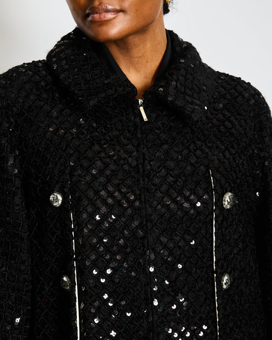 Chanel Black Tweed and Sequin Knee Length Jacket with Collar and Camellia Detail Buttons and Cream Silk Panels Size FR 36 (UK 8)