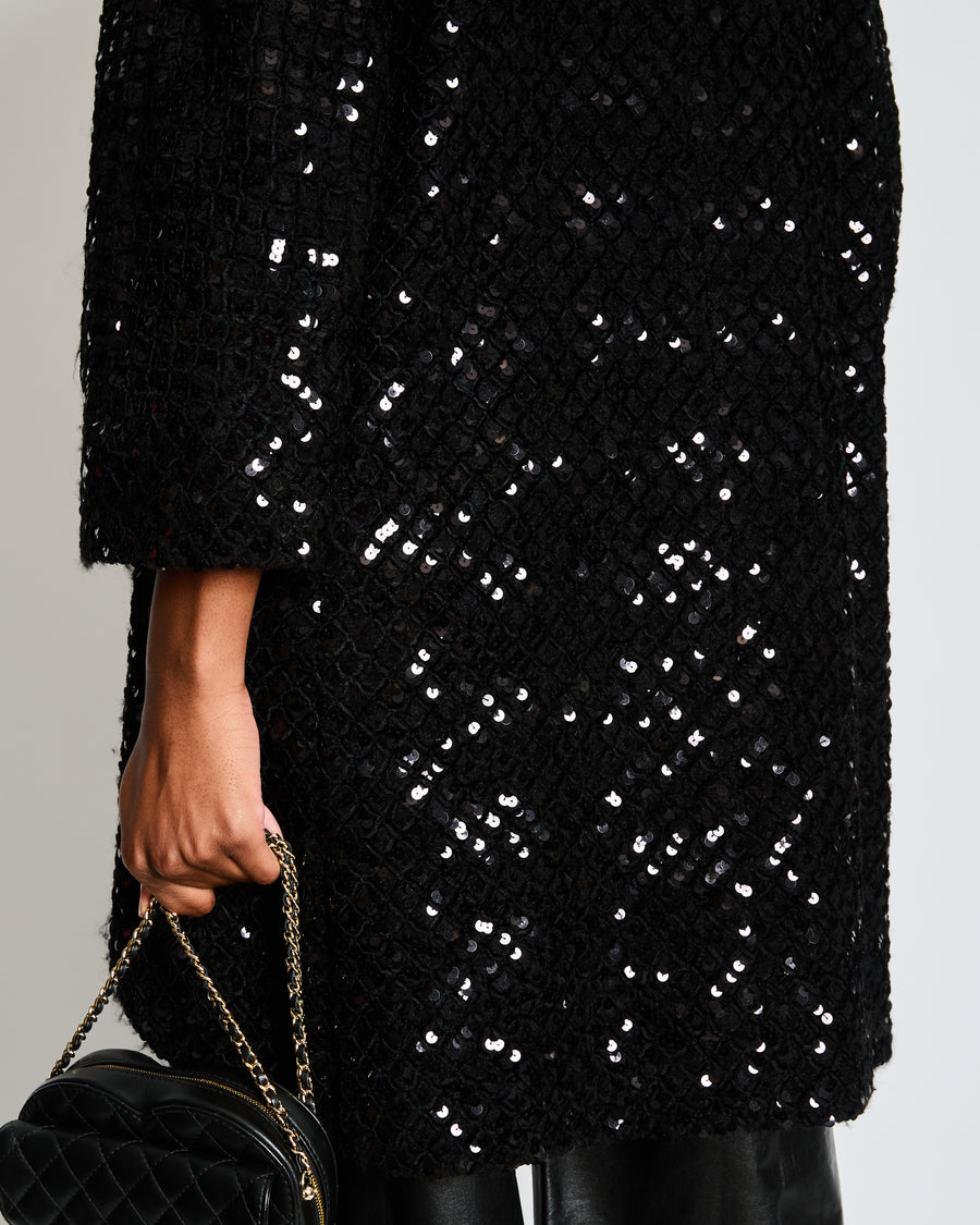 Chanel Black Tweed and Sequin Knee Length Jacket with Collar and Camellia Detail Buttons and Cream Silk Panels Size FR 36 (UK 8)