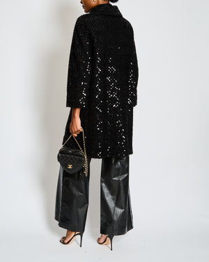 Chanel Black Tweed and Sequin Knee Length Jacket with Collar and Camellia Detail Buttons and Cream Silk Panels Size FR 36 (UK 8)