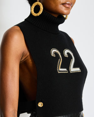 Chanel Black and Grey Sleeveless Cashmere High Neck Vest with Gold and Silver Embellished 22 and CC Button Details Size M (UK 10)