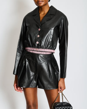 Chanel Black Leather Jacket with Pink CC Logo Buttons and Pink Logo Waistband Size FR 36 (UK 8)