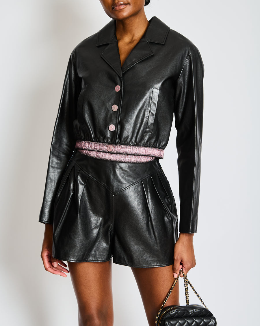 Chanel Black Leather Jacket with Pink CC Logo Buttons and Pink Logo Waistband Size FR 36 (UK 8)