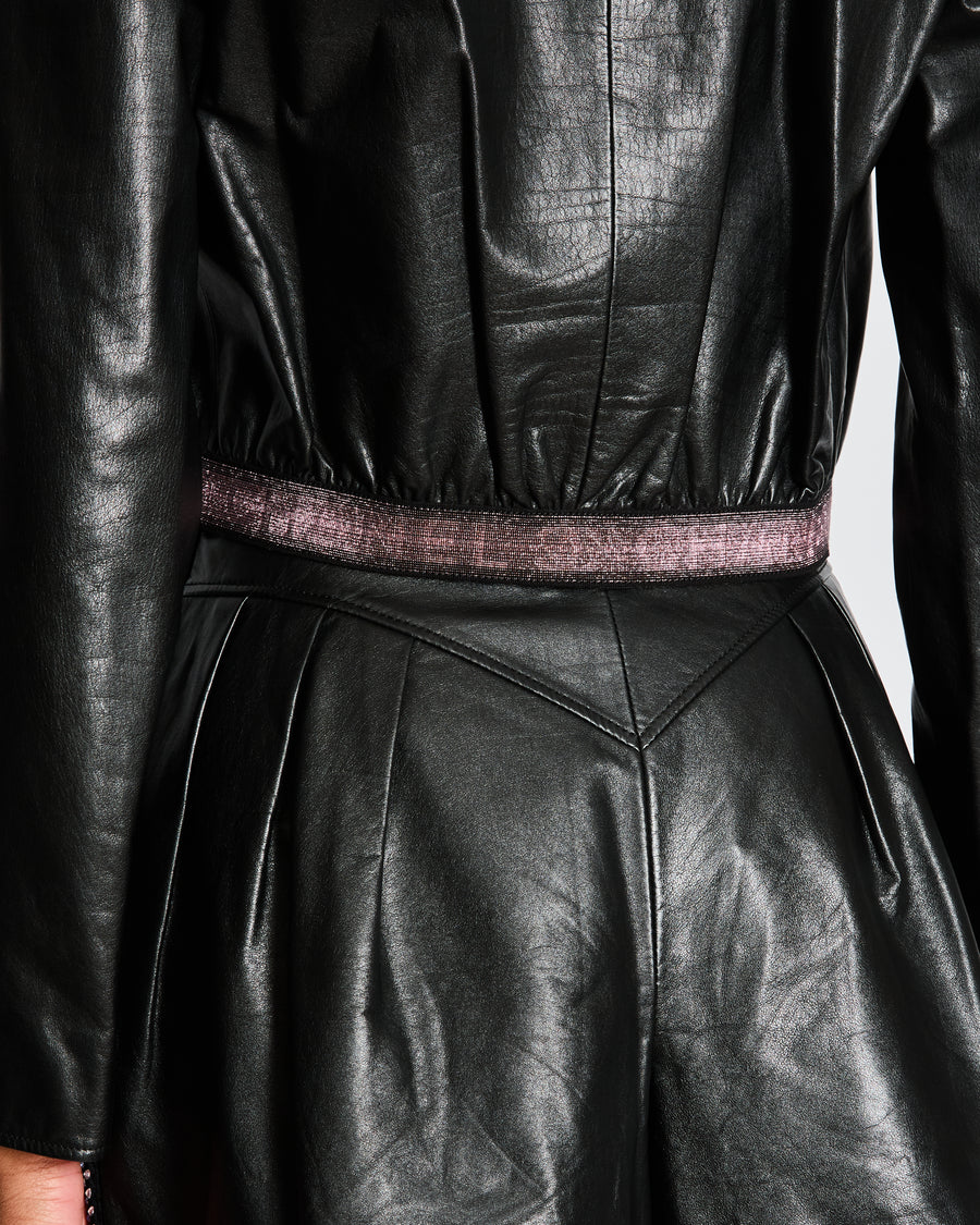 Chanel Black Leather Jacket with Pink CC Logo Buttons and Pink Logo Waistband Size FR 36 (UK 8)