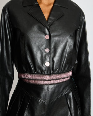 Chanel Black Leather Jacket with Pink CC Logo Buttons and Pink Logo Waistband Size FR 36 (UK 8)
