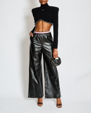 Chanel Black Leather Wide Leg Trousers with Embellished Tweed Trim and Pink Logo Waistband Size FR 34 (UK 6)