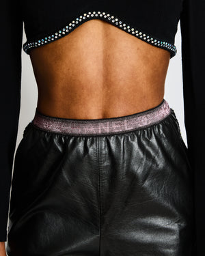 Chanel Black Leather Wide Leg Trousers with Embellished Tweed Trim and Pink Logo Waistband Size FR 34 (UK 6)