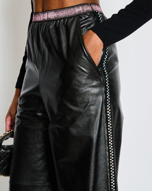 Chanel Black Leather Wide Leg Trousers with Embellished Tweed Trim and Pink Logo Waistband Size FR 34 (UK 6)