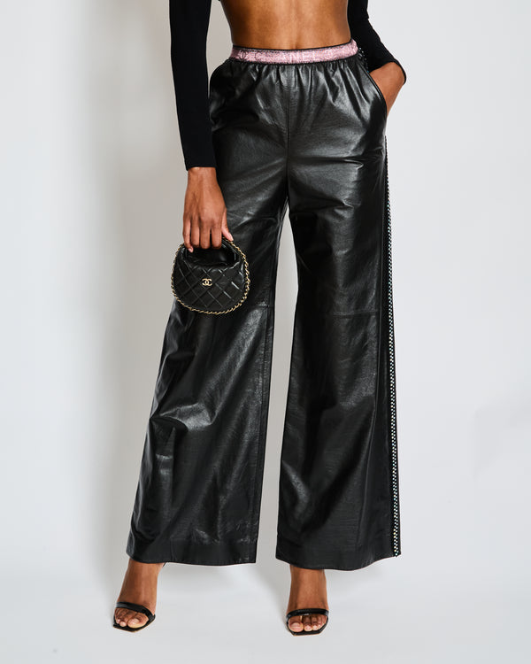 Chanel Black Leather Wide Leg Trousers with Embellished Tweed Trim and Pink Logo Waistband Size FR 34 (UK 6)