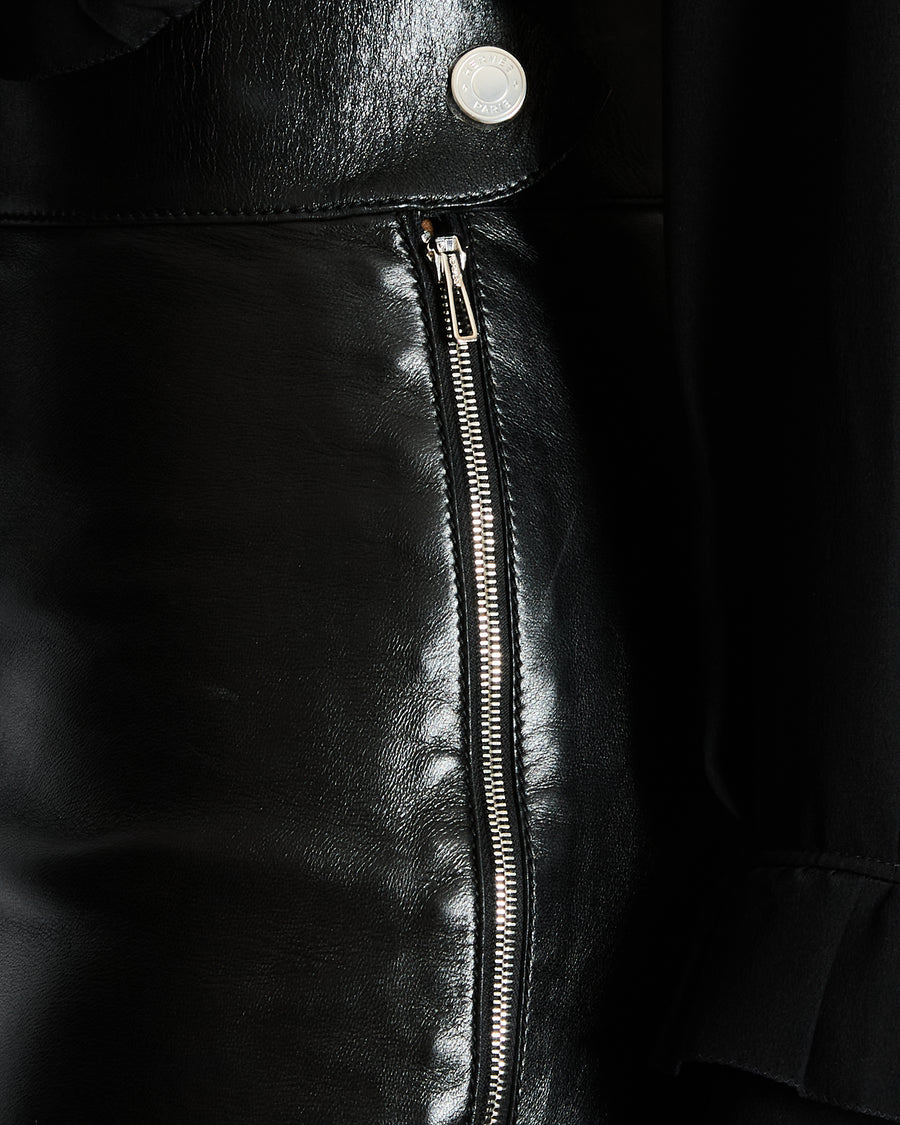 Hermès Black Leather Mini Skirt with Palladium Zip and Button Detail Size FR 34 (UK 6)