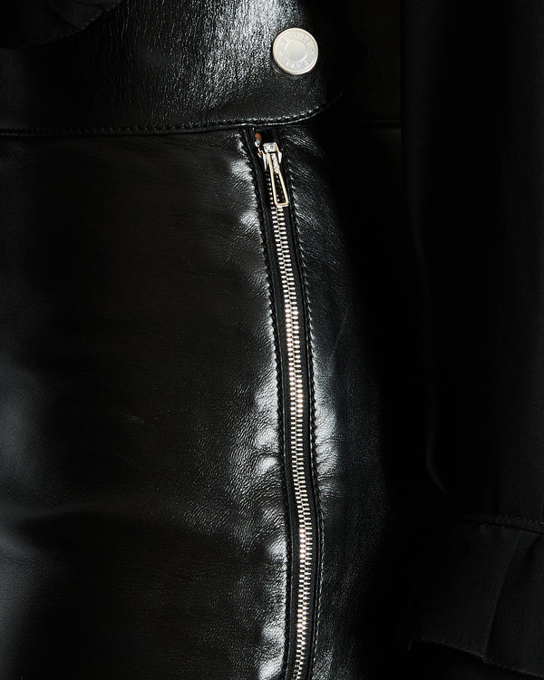 Hermès Black Leather Mini Skirt with Palladium Zip and Button Detail Size FR 34 (UK 6)