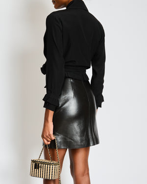 Hermès Black Leather Mini Skirt with Palladium Zip and Button Detail Size FR 34 (UK 6)