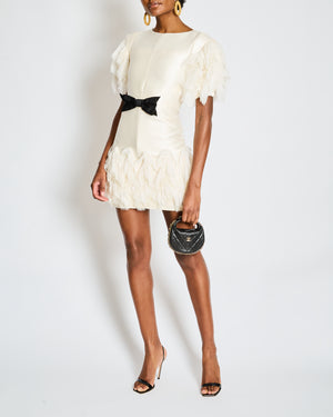 Chanel Spring 2018 Cream Organza Mini Dress with Black Bow Detail and Sequin Lace Ruffles Size FR 34 (UK 6)