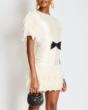 Chanel Spring 2018 Cream Organza Mini Dress with Black Bow Detail and Sequin Lace Ruffles Size FR 34 (UK 6)