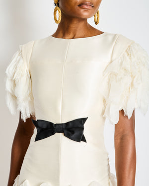 Chanel Spring 2018 Cream Organza Mini Dress with Black Bow Detail and Sequin Lace Ruffles Size FR 34 (UK 6)