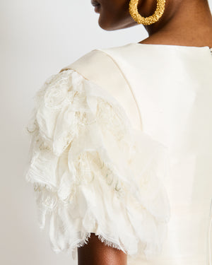 Chanel Spring 2018 Cream Organza Mini Dress with Black Bow Detail and Sequin Lace Ruffles Size FR 34 (UK 6)