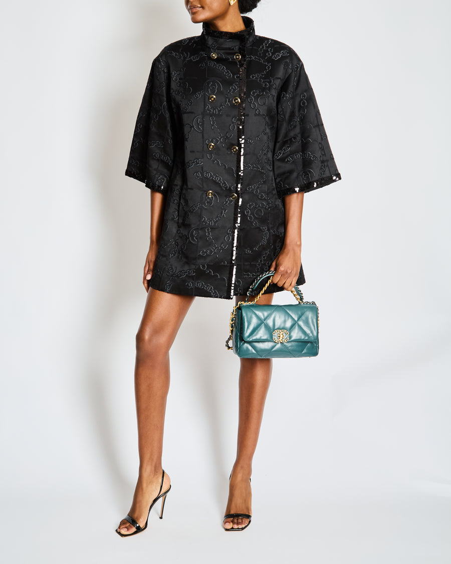 Chanel Black Long Jacket with CC Logo Chain Print, Sequin Accents, and Gold CC Logo Buttons Size FR 36 (UK 8)