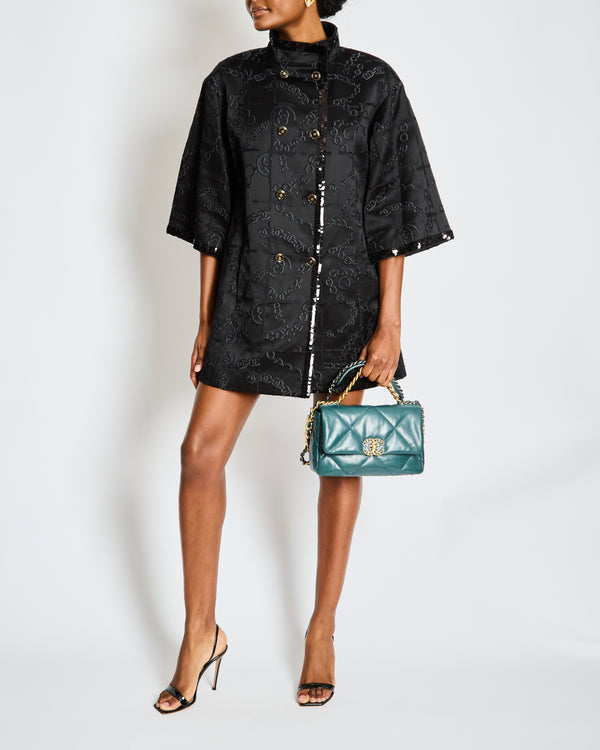 Chanel Black Long Jacket with CC Logo Chain Print, Sequin Accents, and Gold CC Logo Buttons Size FR 36 (UK 8)