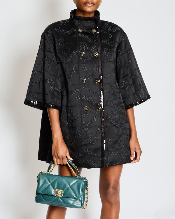 Chanel Black Long Jacket with CC Logo Chain Print, Sequin Accents, and Gold CC Logo Buttons Size FR 36 (UK 8)