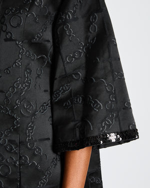 Chanel Black Long Jacket with CC Logo Chain Print, Sequin Accents, and Gold CC Logo Buttons Size FR 36 (UK 8)