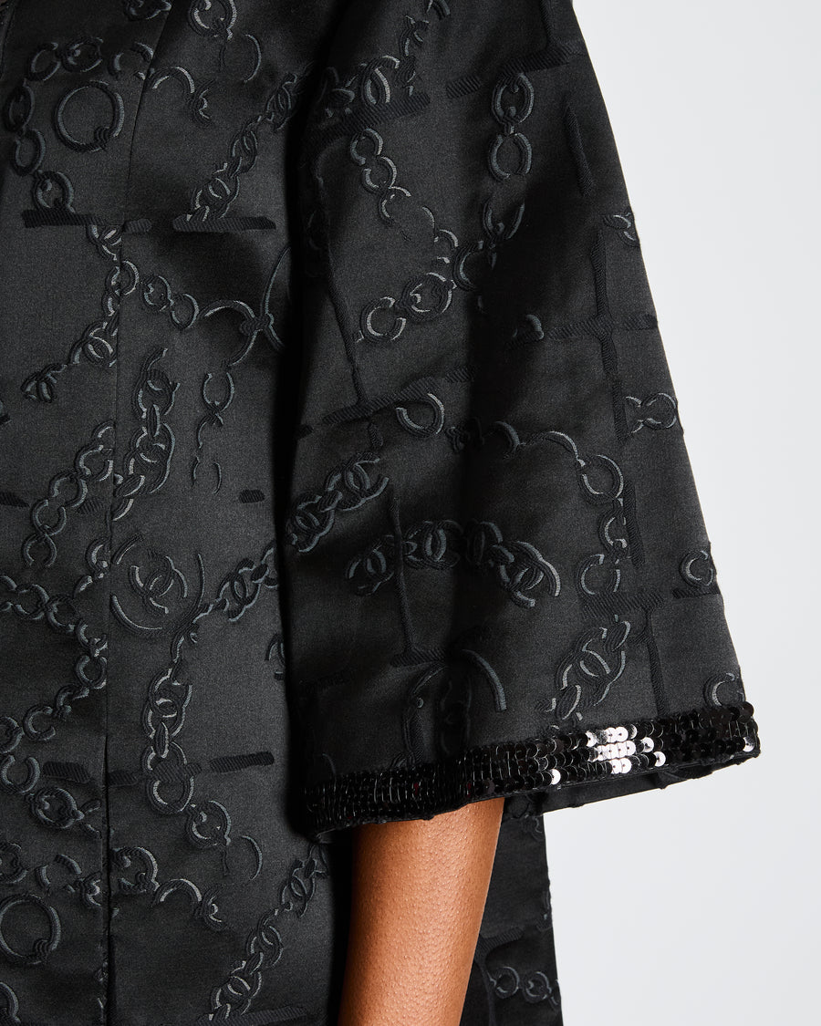 Chanel Black Long Jacket with CC Logo Chain Print, Sequin Accents, and Gold CC Logo Buttons Size FR 36 (UK 8)