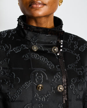 Chanel Black Long Jacket with CC Logo Chain Print, Sequin Accents, and Gold CC Logo Buttons Size FR 36 (UK 8)