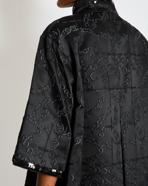 Chanel Black Long Jacket with CC Logo Chain Print, Sequin Accents, and Gold CC Logo Buttons Size FR 36 (UK 8)