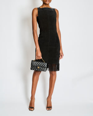 Hermes Black Calfskin and Suede Sleeveless Dress with Fringe Skirt Detail and Silver Zip Size FR 34 UK 6