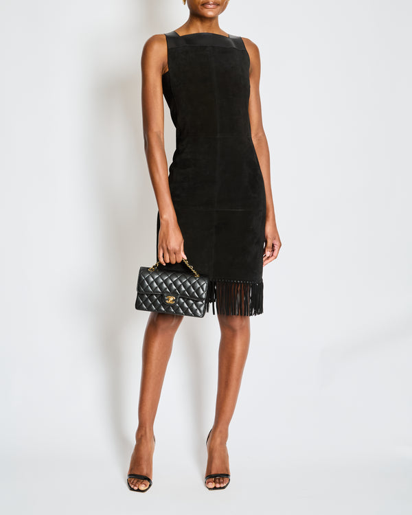 Hermes Black Calfskin and Suede Sleeveless Dress with Fringe Skirt Detail and Silver Zip Size FR 34 UK 6