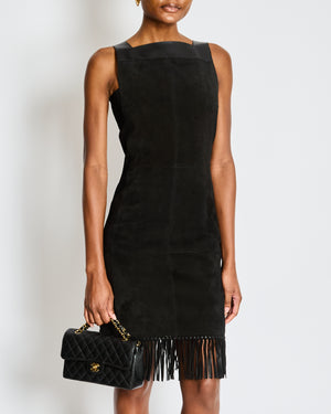Hermes Black Calfskin and Suede Sleeveless Dress with Fringe Skirt Detail and Silver Zip Size FR 34 UK 6