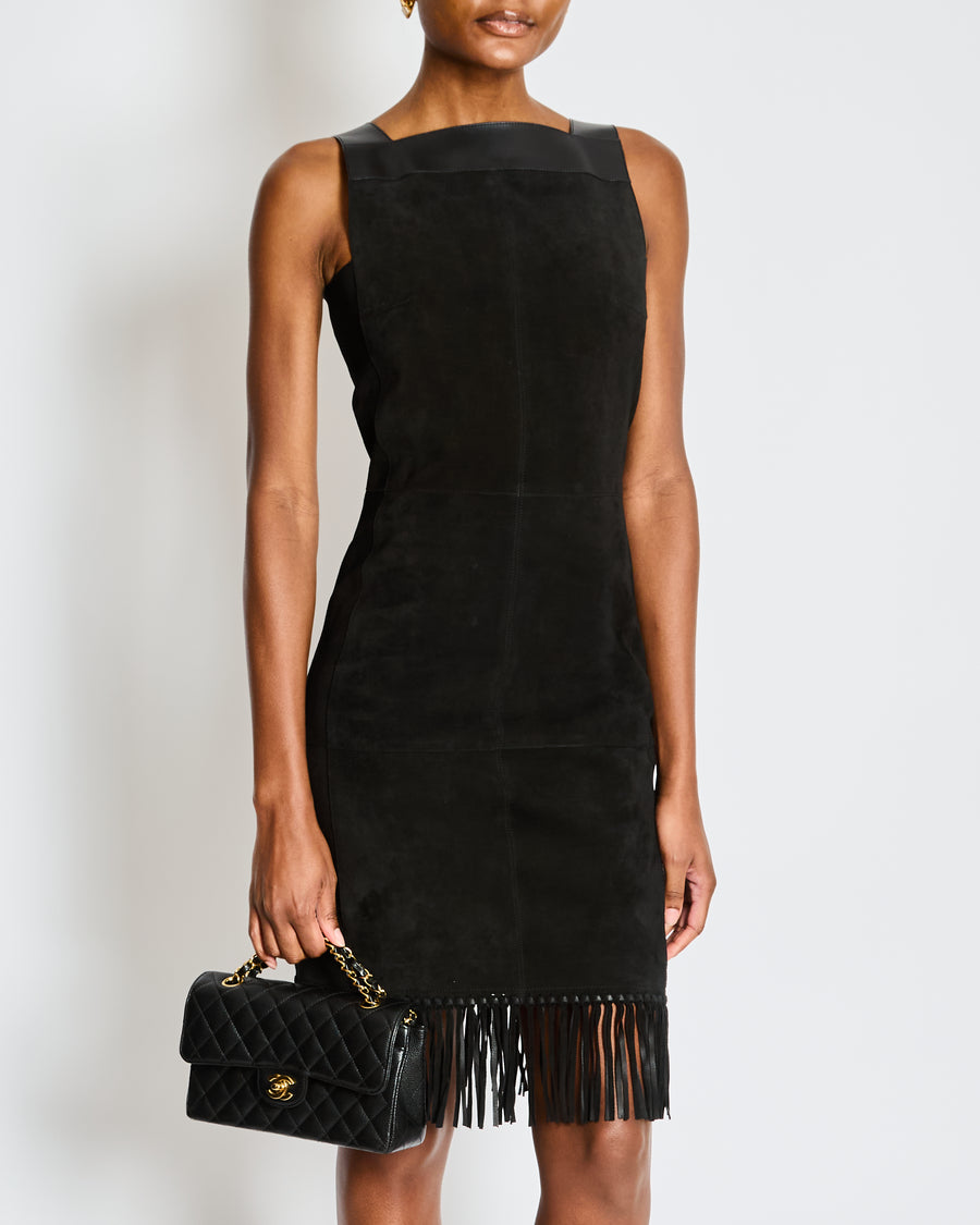 Hermes Black Calfskin and Suede Sleeveless Dress with Fringe Skirt Detail and Silver Zip Size FR 34 UK 6