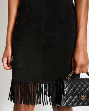 Hermes Black Calfskin and Suede Sleeveless Dress with Fringe Skirt Detail and Silver Zip Size FR 34 UK 6