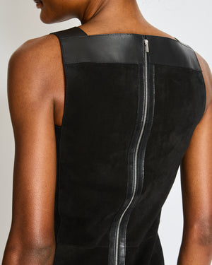 Hermes Black Calfskin and Suede Sleeveless Dress with Fringe Skirt Detail and Silver Zip Size FR 34 UK 6
