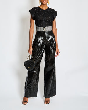 Chanel Fall 2019 Black Patent Leather Wide Leg Trousers with Pearl Embellished Waistband and Pearl Buttons Size FR 34 (UK 6)