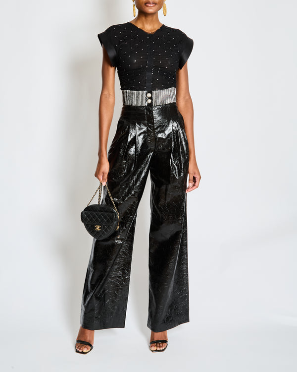 Chanel Fall 2019 Black Patent Leather Wide Leg Trousers with Pearl Embellished Waistband and Pearl Buttons Size FR 34 (UK 6)