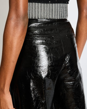 Chanel Fall 2019 Black Patent Leather Wide Leg Trousers with Pearl Embellished Waistband and Pearl Buttons Size FR 34 (UK 6)