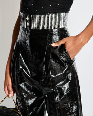 Chanel Fall 2019 Black Patent Leather Wide Leg Trousers with Pearl Embellished Waistband and Pearl Buttons Size FR 34 (UK 6)