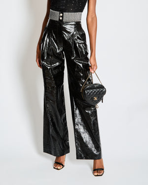 Chanel Fall 2019 Black Patent Leather Wide Leg Trousers with Pearl Embellished Waistband and Pearl Buttons Size FR 34 (UK 6)