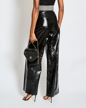 Chanel Fall 2019 Black Patent Leather Wide Leg Trousers with Pearl Embellished Waistband and Pearl Buttons Size FR 34 (UK 6)