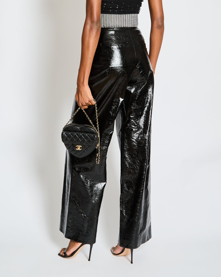 Chanel Fall 2019 Black Patent Leather Wide Leg Trousers with Pearl Embellished Waistband and Pearl Buttons Size FR 34 (UK 6)