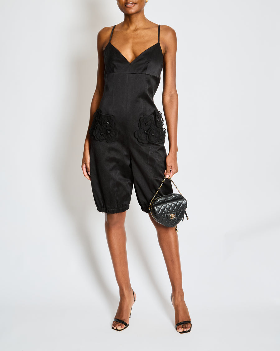 Chanel Black Strappy Playsuit with 3D Camelia Flower Pocket Detail Size FR 36 (UK 8)