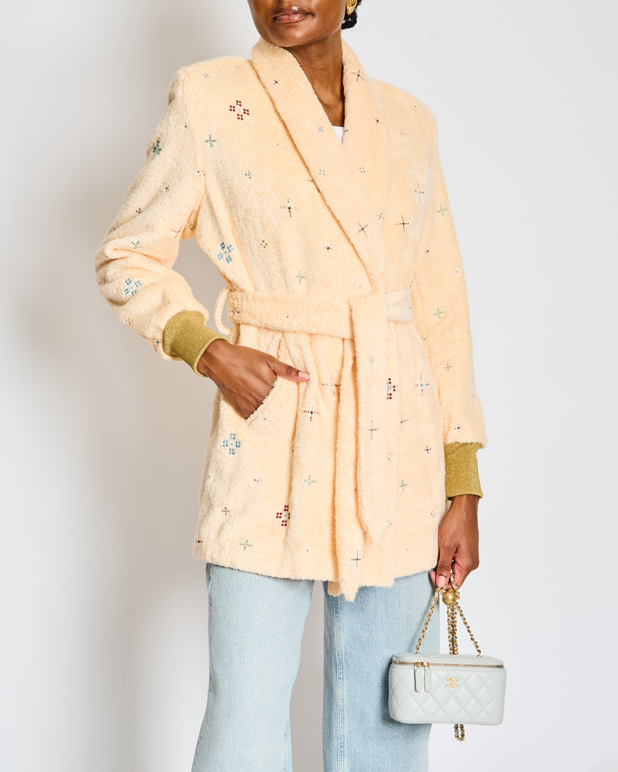 Chanel Peach Terrycloth Robe Jacket with Embellishments and Gold Cuffs Size FR 34 (UK 6)